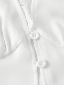 SHEIN MOD 女款白色緞面蕾絲飾邊荷葉邊上衣，優雅無袖V領前開扣修身上衣，夏季茶會襯衫，正式辦公室夏季上衣 - 白色 - 查看 3