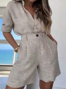 Balvessa Quần short nữ màu trơn, xếp ly, có túi, dáng rộng, chất liệu giả vải lanh. - Màu Khaki - Xem 3