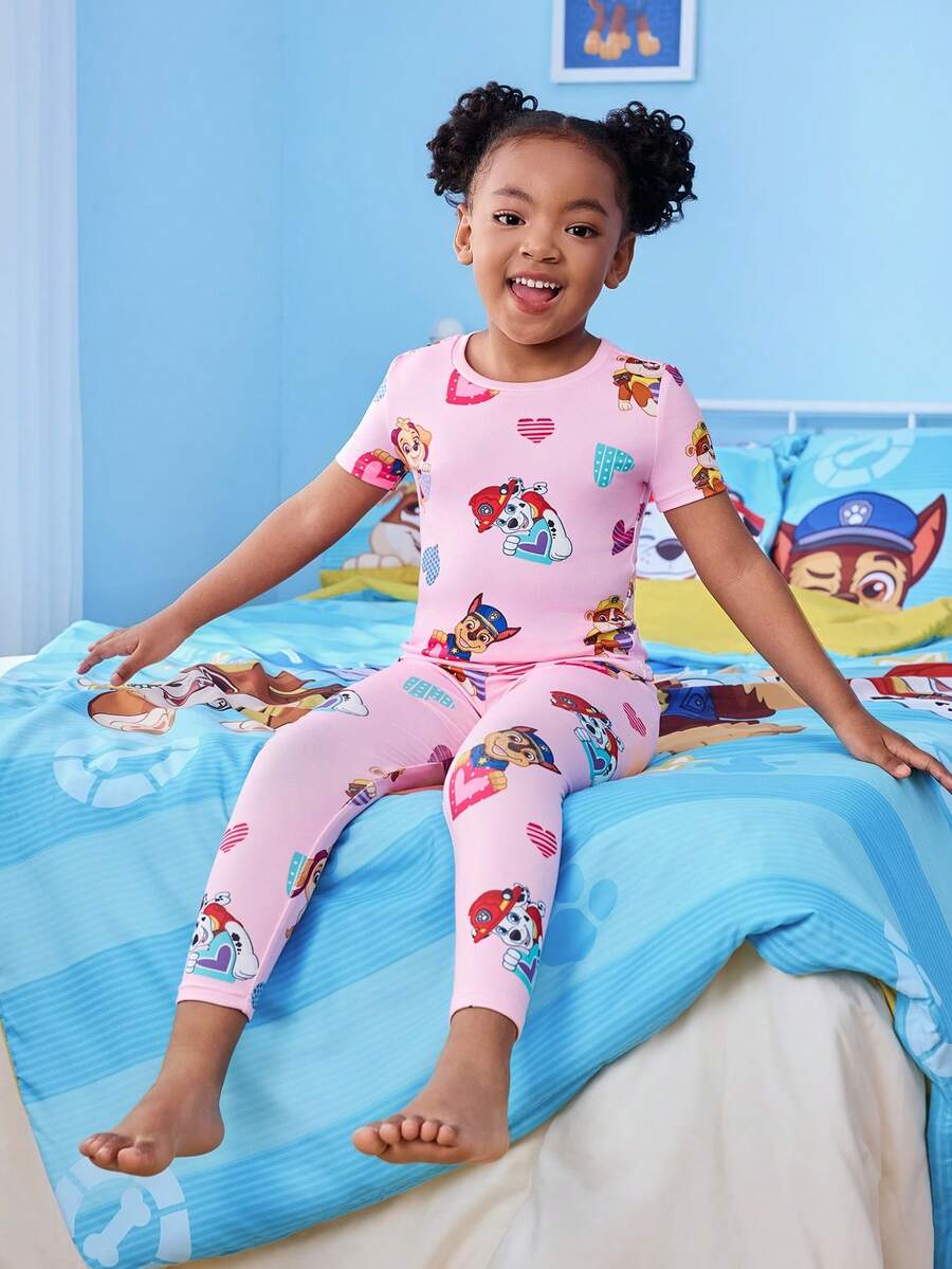SHEIN | PAW Patrol 女童可爱狗狗印花圆领短袖T恤和裤子睡衣套装，夏季 - 淺粉色 - 查看 1