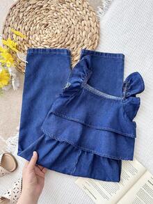 SHEIN 女童藏蓝色宽松荷叶边牛仔连体裤 - 深色水洗藍 - 查看 4