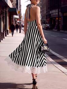 Editum Vestido de verano elegante de mujer con cuello en V halter, con parches de encaje a rayas - Blanco y Negro - Ver 3