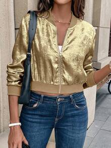 EMERY ROSE Chaqueta de béisbol con cremallera metálica dorada y puños acanalados, nueva para otoño, de ajuste ceñido, elegante y versátil, top tipo cárdigan corto para ropa de fiesta de Año Nuevo - Dorado - Ver 6