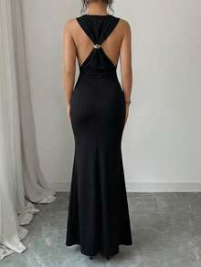 Elenzga Vestido largo de lujo francés para fiesta/cita con escote halter, espalda descubierta, hebilla metálica en la cintura y drapeado, para primavera/verano - Negro - Ver 3