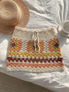 Selianne Conjunto de suéter y falda de mujer de alta gama, elegante y sexy, de punto calado, para primavera/verano, que estiliza la figura, para la playa y el resort - Multicolor - Ver 4
