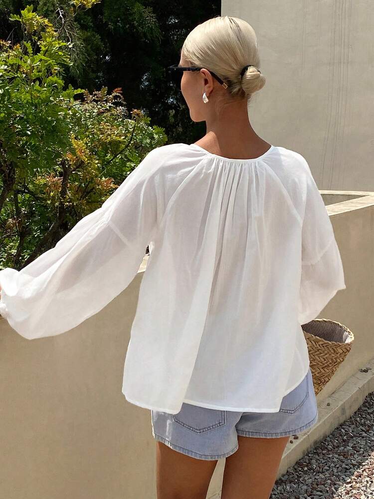 Women's Loose Solid Color Round Neck Long Sleeve Casual Pullover Blouse, Suitable For Summer