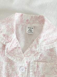 SHEIN Baby Girls' Pink White Rabbit Floral Pattern Ruffle Collar Short Sleeve Pants 2 Pieces Pajama Set Cute Summer Holiday Casual Comfortable Sleep Night - Pink - View 3