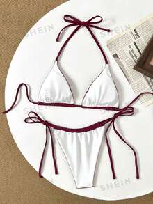 Swim Chiccia Bộ bikini gợi cảm buộc dây cổ, đính sequin, dành cho nữ, thích hợp mặc đi biển mùa hè. - Đỏ - Xem 6