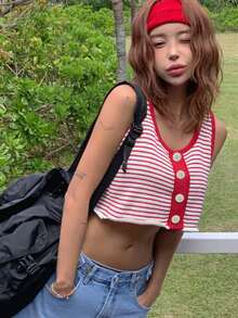 DAZY 撞色条纹露脐休闲夏季针织上衣，女士可爱上衣 - 紅色 - 查看 6