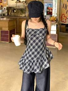 DAZY 女款格紋圓領休閒短袖襯衫 夏季校園風 - 藍色 - 查看 2
