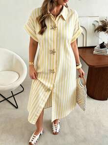 Ceyna Plus Size Women's White Summer Holiday Tea Party Holiday Striped Shirt Dress,Starfish Metal Button Double Placket Raglan Sleeve Asymmetric Hem Maxi - Multicolor - View 4
