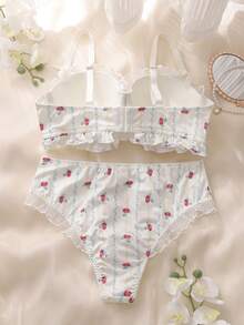 DelicateAllure 2pcs Plus Size Bra Set With Molded Cup, Underwire, Mesh Inset, Ruffle Trim, Bow Decor, Floral Print, Lift & Support - White - View 7
