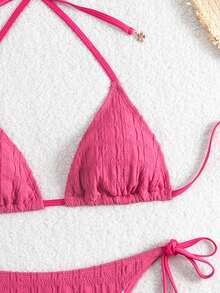 Swim Mod Women's Solid Color Halter Tie Front Bikini Set 2026 New Women's Swimwear ArrivalFor School,Suitable For Holiday, Date Holiday Vacation, Afternoon Tea, Western Tropical, Cruise, Beach, Island, Road Trip, Summer, Music Festival, Boho Vacation,Bohemian Vacation, Chill ,Western Boho ,Elegant Tops For Women Bikinis Set For Women Hot Pink - Pink - View 3