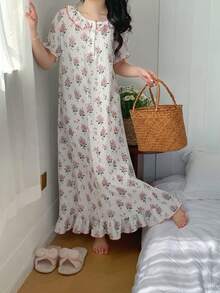 Đầm kiểu dáng thanh lịch cho bé gái tuổi teen, cổ áo xếp ly, tay phồng, thích hợp làm đồ ngủ. - Hồng - Xem 6