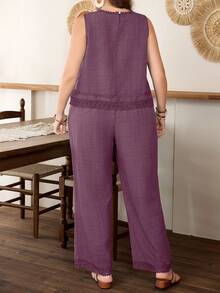 Lacomfia Plus Size Solid Color Tank Top And Straight Leg Pants With Lace Trim 2 Pieces Set - Purple - View 2