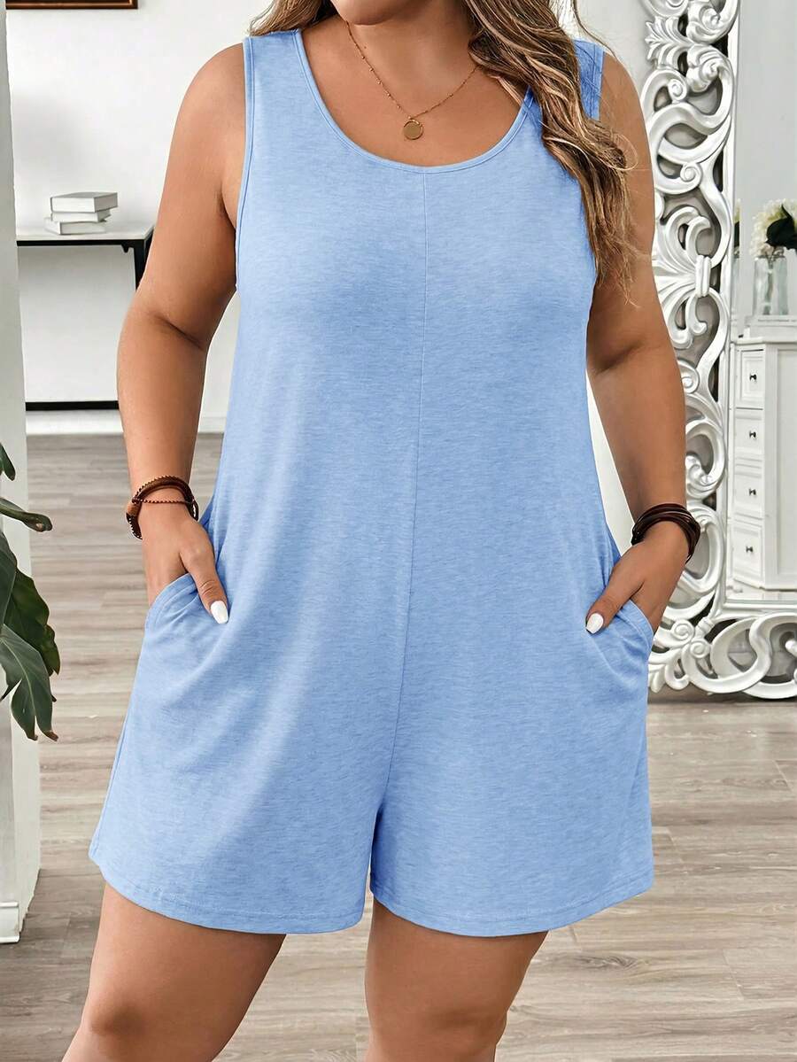 SHEIN LUNE Rompi Tanpa Lengan Kasual Wanita Ukuran Besar Warna Polos Leher Bulat dengan Kantong - Baby Blue - View 1