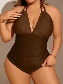 SHEIN Swim Curve Plus Size Summer Vacation Beach Colorblock Ruched Halter One-Piece Swimsuit - Brown - View 4