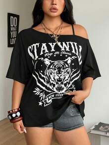 Coolane Women Plus Size Summer Y2K Vintage Streetwear Casual Graphic Pattern Comfy Black Asymmetrical Neck OverSize Short Sleeve T-Shirt - Black - View 6