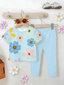 2pcs/Set Young Girl Floral Print Short Sleeve T-Shirt And Solid Color Leggings Set,Cute & Minimalist,Comfortable Summer Outings,Vacation And School - Multicolor - View 3