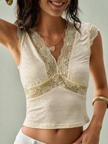 SoleilVie Áo tank top nữ mùa hè mới phong cách Bohemian thanh lịch, dáng rủ, màu kem, phối ren, không tay, cổ chữ V, viền ren (quai vai, ngực và gấu áo), ôm dáng; vải dệt kim mềm co giãn với ren tinh tế; màu sắc; phù hợp làm áo lót mùa xuân/thu, mặc riêng mùa hè, lý tưởng cho phong cách thường ngày, hẹn hò nhẹ nhàng - Kem - Xem 3