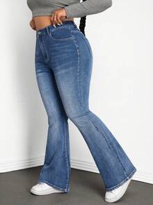 SHEIN ICON Jeans acampanados de talla grande con lavado casual y ajuste slim - Neblina azul - Ver 5