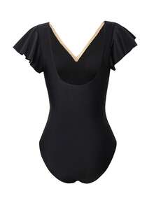 EMERY ROSE Women's Elegant Vacation Beach Outfit, V-Neck Ribbon Decor Ruffle Sleeve, Waist Shirred Slim Fit One-Piece Swimsuit, Summer - Black - View 7