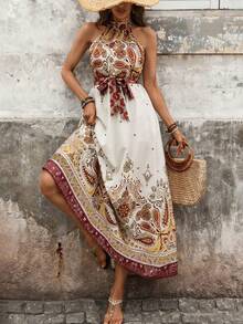 SHEIN Holidaya Đầm ngắn nữ mùa xuân/hè kiểu Bohemian retro in họa tiết Paisley, không tay, cổ đứng, eo thắt. - Màu Đỏ Sâu - Xem 4