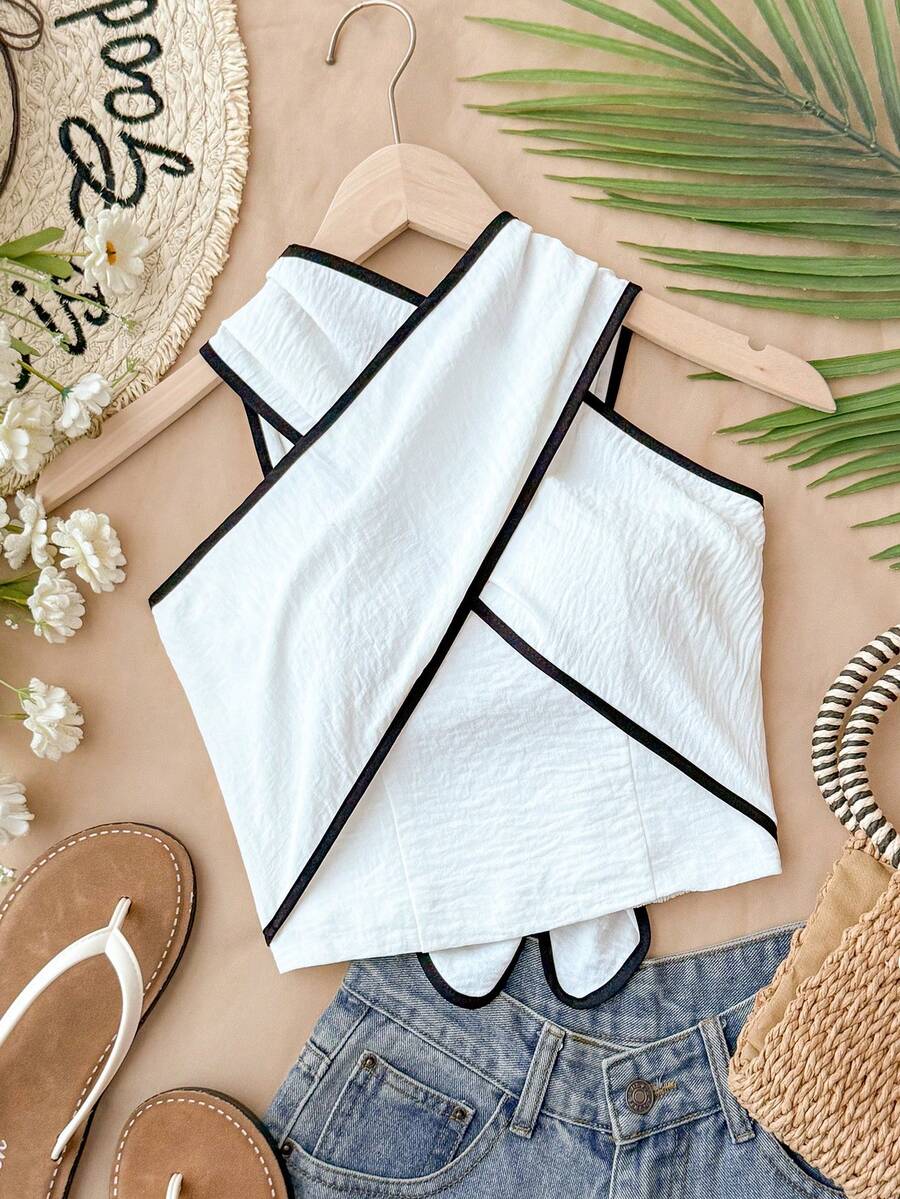 Travachic Contrast Trim Halter Backless Wrap Sleeveless Blouse For Women - Black and White - View 1