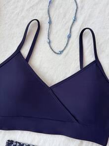 SHEIN Bộ tankini in hoa dành cho thiếu nữ/các cô gái tuổi teen, kèm chân váy xếp ly, chất liệu co giãn cao, không xuyên thấu, có thể giặt máy, thích hợp cho bơi lội, nghỉ mát, mặc đi biển mùa hè. - Xanh đậm - Xem 6