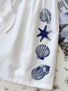 SHEIN Quần short nữ tuổi teen phong cách vintage họa tiết vỏ sò và sao biển màu xanh dương, thích hợp cho các lễ hội âm nhạc, bãi biển, kỳ nghỉ hè và các hoạt động ngoài trời. - trắng - Xem 7
