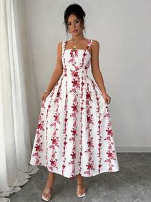 Elenzga Latest Spring & Summer Blue And White Floral Print Elegant Waist Shirred Dress, Suitable For Vacation And Work - Pink - View 7