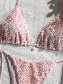 Costavie 2 piezas Conjunto de bikini halter con textura y cuentas florales, azul, para vacaciones de primavera/verano en la playa - Multicolor 2 - Ver 3