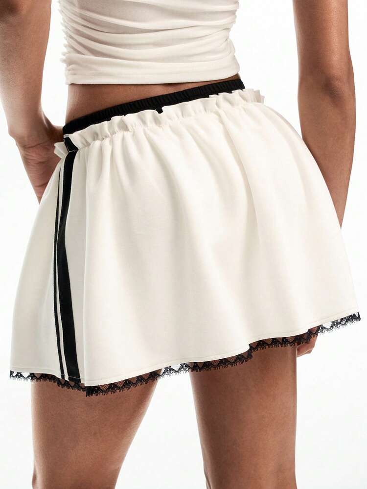 Women's Casual Patchwork Striped Lace Trim Skorts, Suitable For Sports, Vacation In Summer