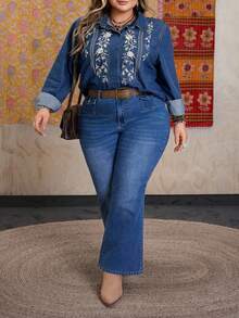 SHEIN CURVE+ Plus Size Women Embroidered Casual Boho Western Denim Blouse Fall Beach Going Out Blue - Dark Wash - View 5