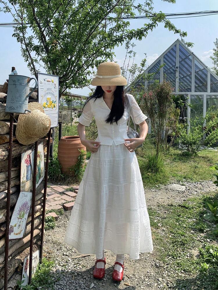 Women's Collared Short Sleeve Shirt & Loose Fit Skirt 2 Pieces Set, Korean Style, Spring/Summer