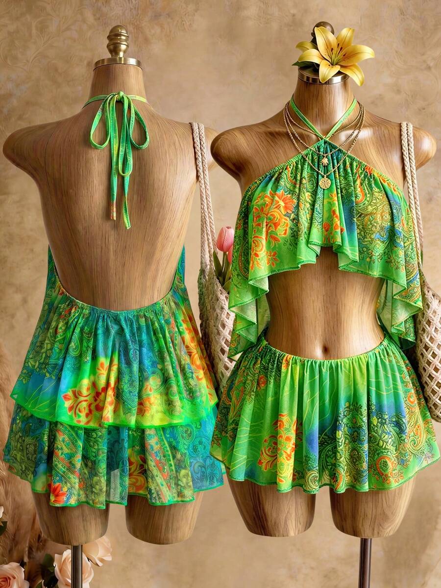 BamGleam Bộ jumpsuit nữ tối giản in họa tiết, cổ yếm, hở lưng. - Nhiều màu - Xem 1