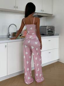ZzzCrew Heart Print Lace Camisole & Pants Pajama Set - Pink - View 2