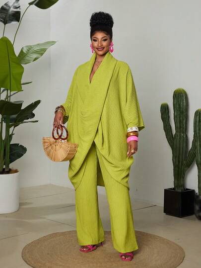 Maweii Conjunto de 2 piezas de blusa suelta con diseño de torsión y pantalones casuales para mujer de talla grande