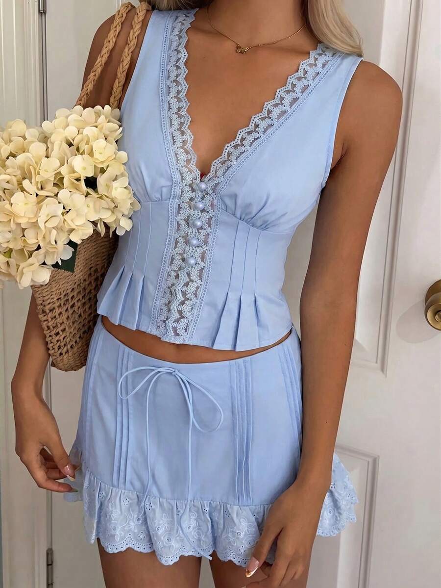 SHEIN EZwear 女士蕾丝拼接V领无袖上衣和半裙套装(2件套),蓝色,夏季 - 藍色 - 查看 1