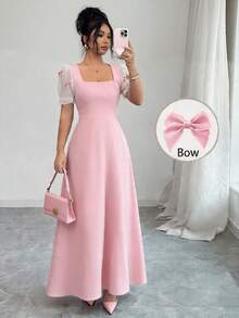 Elenzga Vestido de manga corta con cuello cuadrado, decoración de lazo 3D y parches de malla - Rosa - Ver 1
