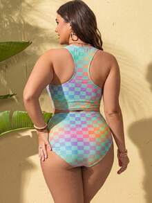 Swim Lushoire Plus Size Plaid Print Padded Two Pieces Swimwear For Women - Multicolor - View 2