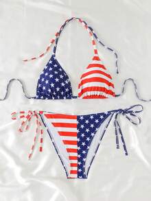 SHEIN Swim 2026 Spring/Summer Plus Size Swimwear Set, American Flag Print, Deep V-Neck, Spaghetti Strap, Triangle Bikini Bottom, Sexy Beach/Pool/Party Outfit - Multicolor - View 5