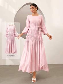 Graceveil Vestido largo con cuello redondo, mangas acampanadas y dobladillo con lazo, color rosa - Rosa - Ver 2
