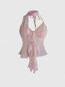 ROMWE Áo hai dây nữ kiểu dáng gợi cảm thập niên 2000, chất liệu chiffon chấm bi in họa tiết toàn thân, cổ bèo nhún. - Hồng - Xem 1