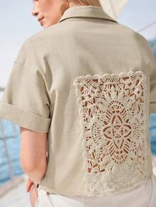 Zovinel Camisa de mujer de manga corta y abotonadura sencilla con panel de encaje en la espalda para uso diario - Albaricoque - Ver 8