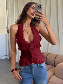Aloruh Ruffle V-Neck Sleeveless Knit Tank Top, Red Solid Color, Casual Commute Wear, Romantic Date & Holiday,Summer Top - Burgundy - View 7