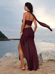 Opulessa Solid Color Knit Cutout Design Fitted Slit Dress For Women - Red Violet - View 2