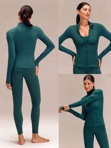 GLOWMODE FeatherFit™ Slim-It Streamline Performance Secure Pockets Zip Up Long Sleeve Jacket Low Impact Yoga Pilates Daily Spring Summer - Dark Green - View 12