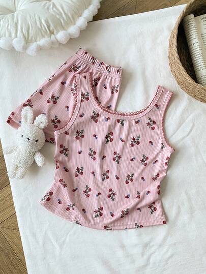 Girls' Cute Floral Print Contrast Color Trim Soft & Comfortable Camisole & Shorts 2 Pieces Pajama Set, Summer
