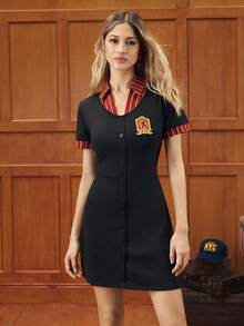 HARRY POTTER X SHEIN Women's Striped Short Sleeve Single-Breasted Mini Dress,College Badges,Back To School - Black - View 4
