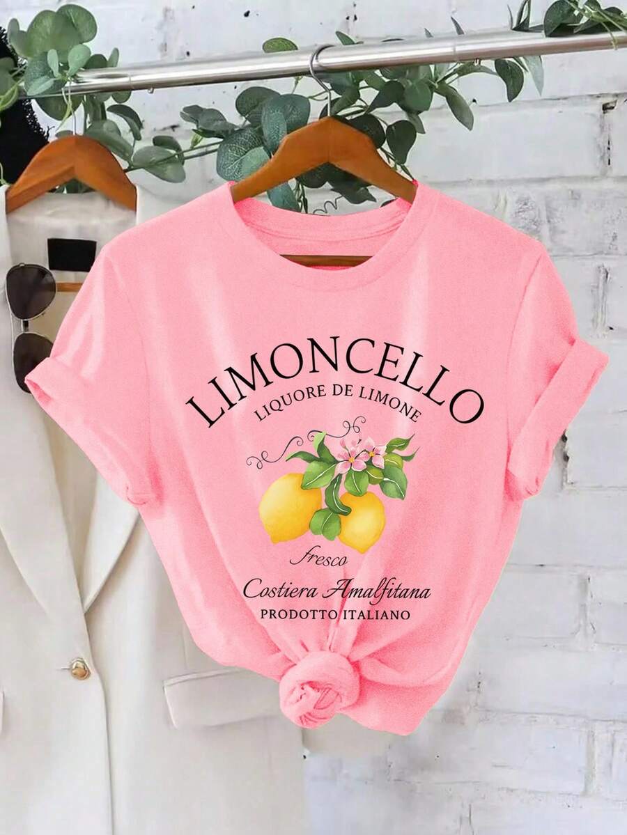 EMERY ROSE Camiseta de cuello redondo de manga corta con estampado de limón y letras - Suave, transpirable, micro elasticidad, top casual para verano y primavera - Rosa - Ver 1